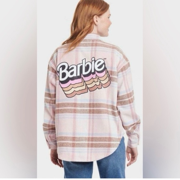Women's Barbie Logo Button Down Pink/Blue/Brown Flannel Shacket Size 1X - Picture 1 of 6